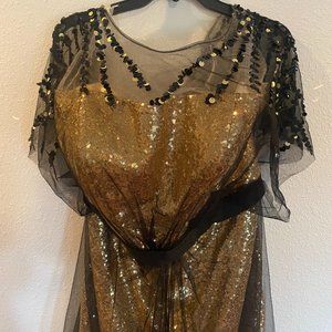 Sequined tulle overlay gold and black gown